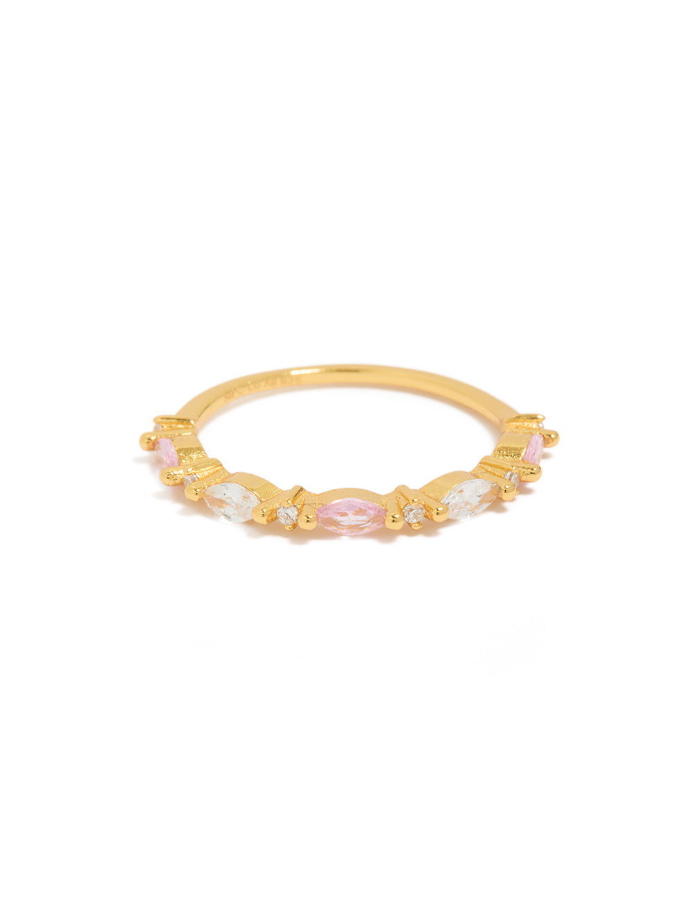 This gold plated sterling silver ring features alternating marquise and round cubic zirconia in pink clear tones front view