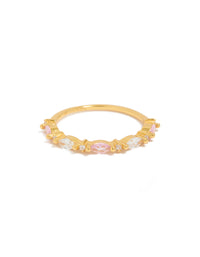 This gold plated sterling silver ring features alternating marquise and round cubic zirconia in pink clear tones front view - link has visual effect only
