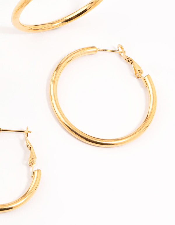 Waterproof Gold Plated Stainless Steel Large Basic Hoop Earrings 3-Pack