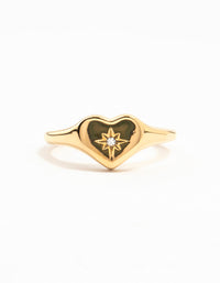 Waterproof Gold Plated Stainless  Steel Cubic Zirconia Heart Signet Ring - link has visual effect only
