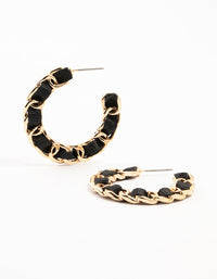 Gold & Black Woven Ribbon Chain Hoop Earrings - link has visual effect only