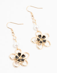 Gold Cutout Black Flower Pearl Drop Earrings - link has visual effect only