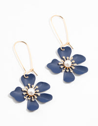 Gold Fish Hook Blue Pearl Flower Hoop Earrings - link has visual effect only