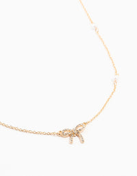 Gold Plated Station Pearl Diamante Bow Pendant Necklace - link has visual effect only