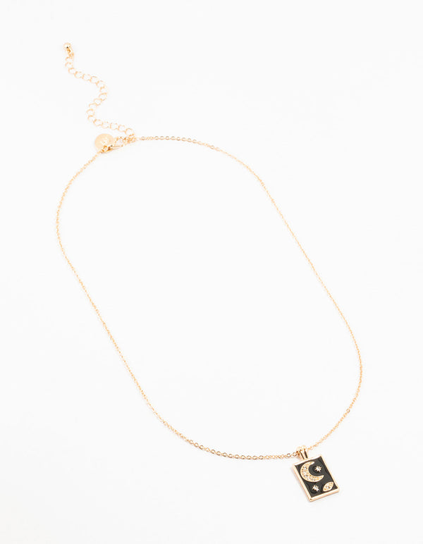 Gold & Black Diamante Moon & Stars Tag Necklace
