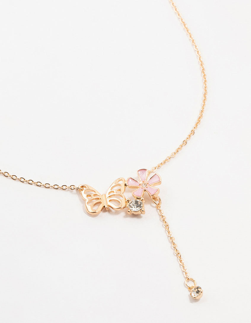 Gold Butterfly Flower Diamante Drop Necklace