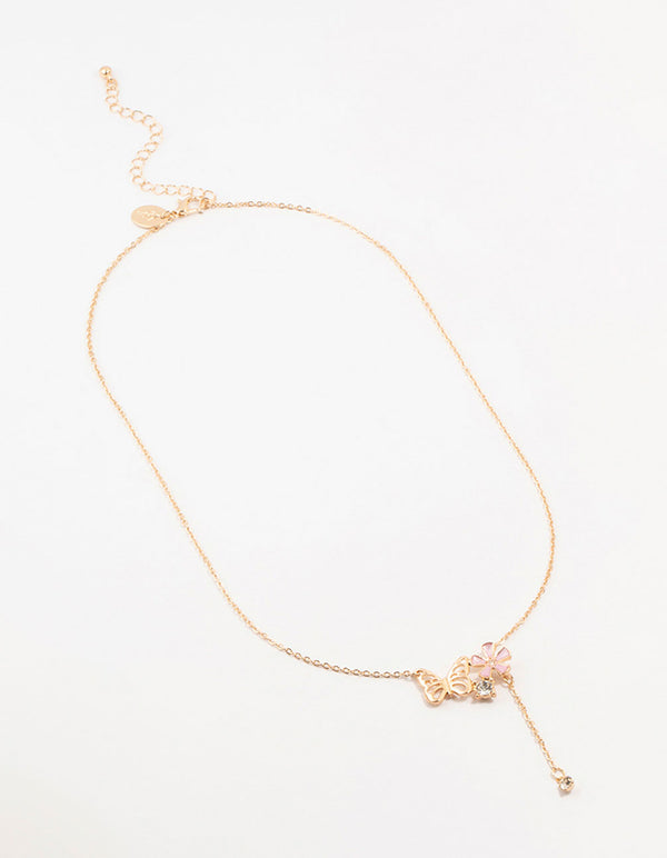 Gold Butterfly Flower Diamante Drop Necklace