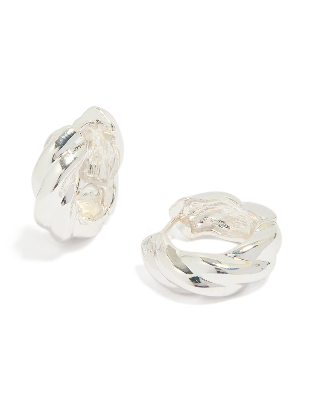 Showcasing silver plated twisted hoop earrings with statement styling front view