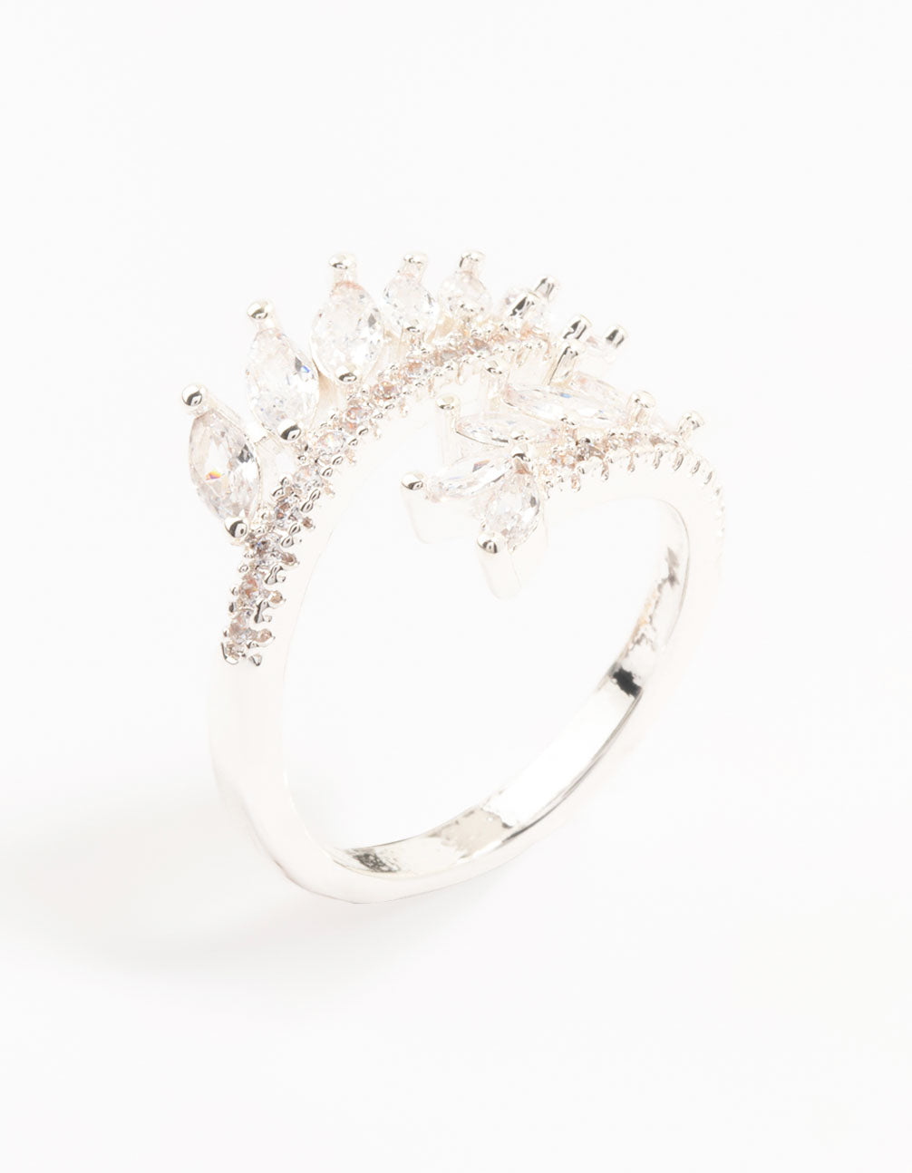 Stunning silver plated wrapped vine cubic zirconia ring front view
