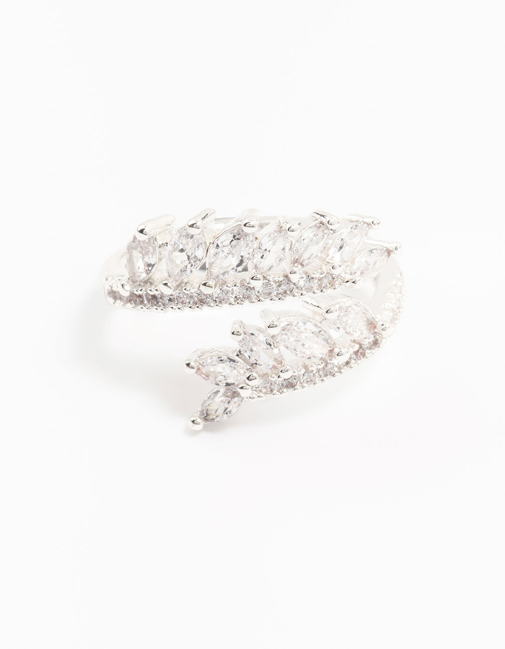Elegantly designed silver plated wrapped vine cubic zirconia ring close up view