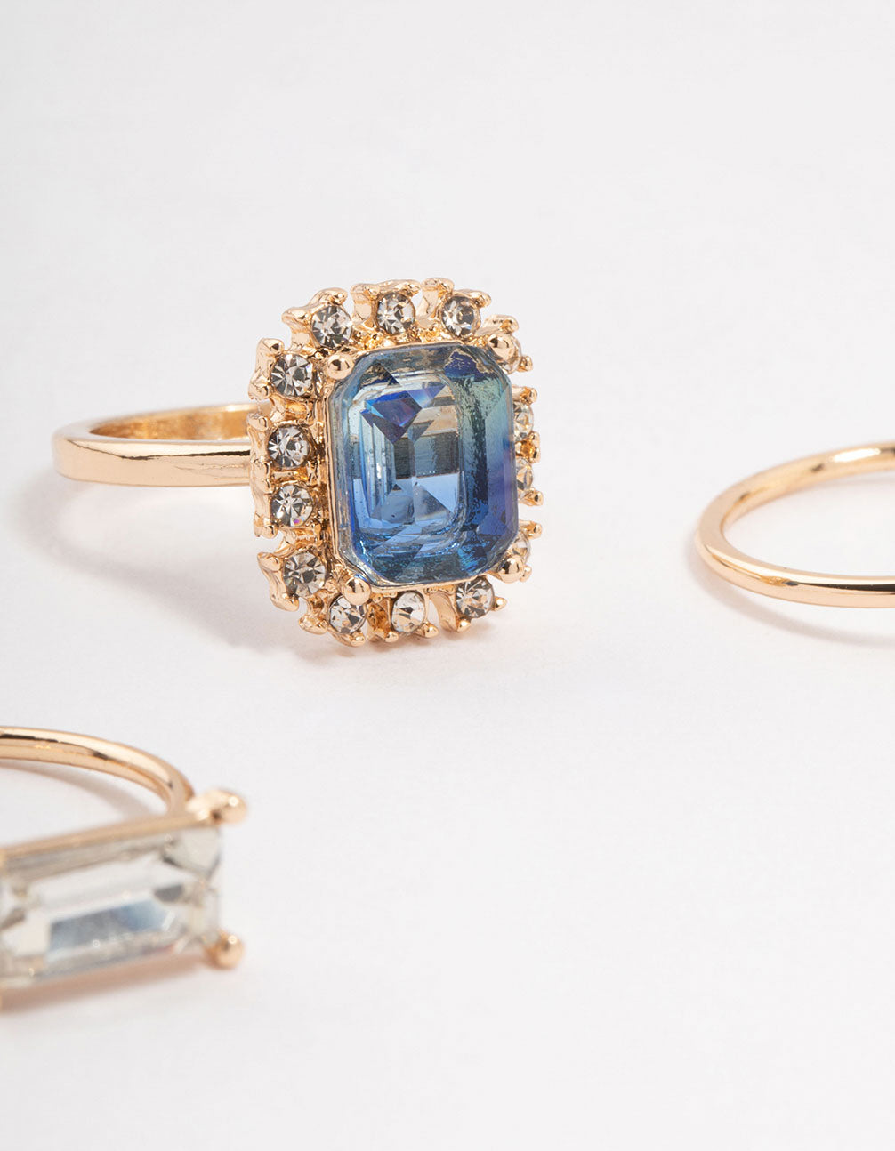 Elegantly designed rose gold framed diamante rings 3-pack side detail view