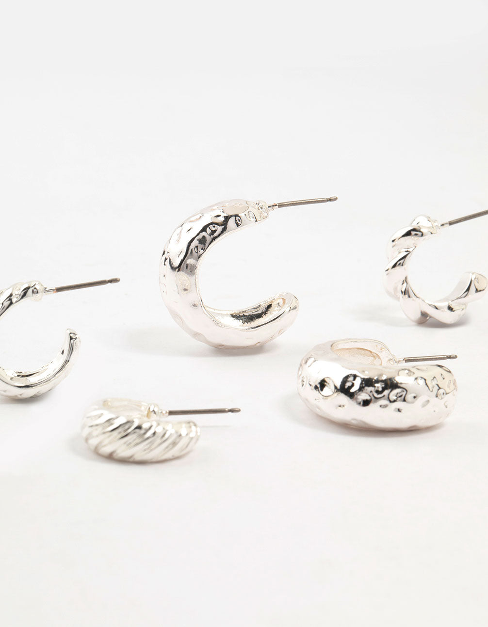 Silver Plated Molten Hoop Earrings 4-Pack