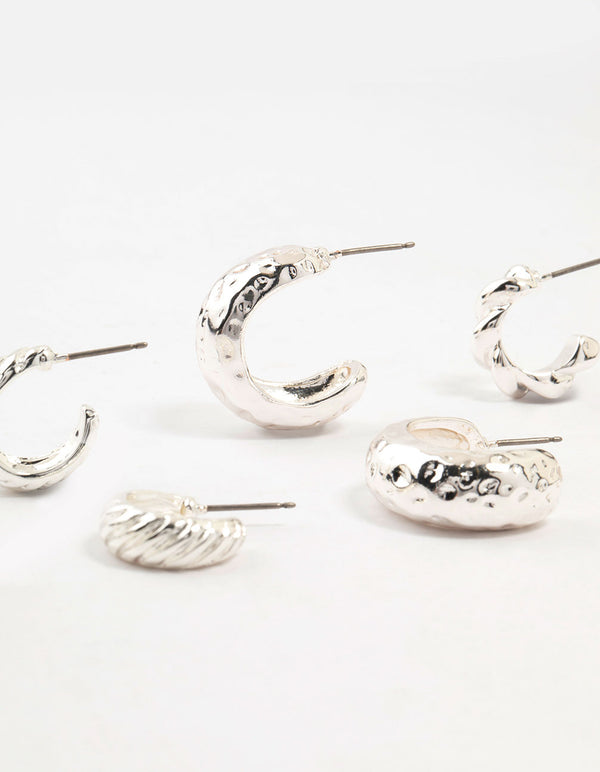 Silver Plated Molten Hoop Earrings 4-Pack