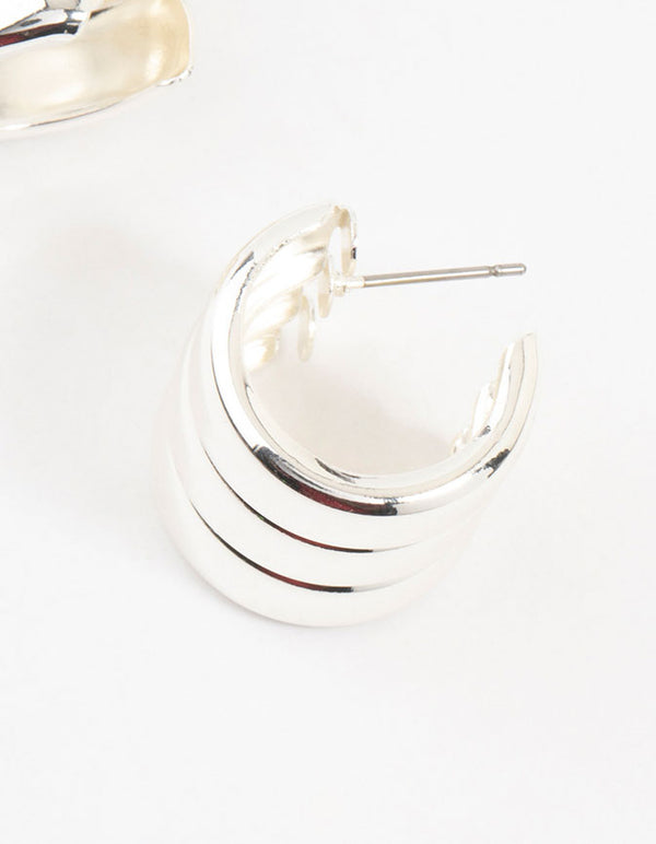 Silver Plated Wide Ribbed Barrel Stud Earrings