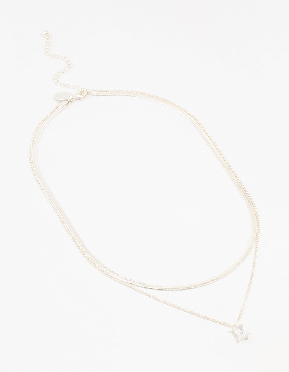 Silver Plated Baguette Diamante & Snake Chain Necklaces 2-Pack