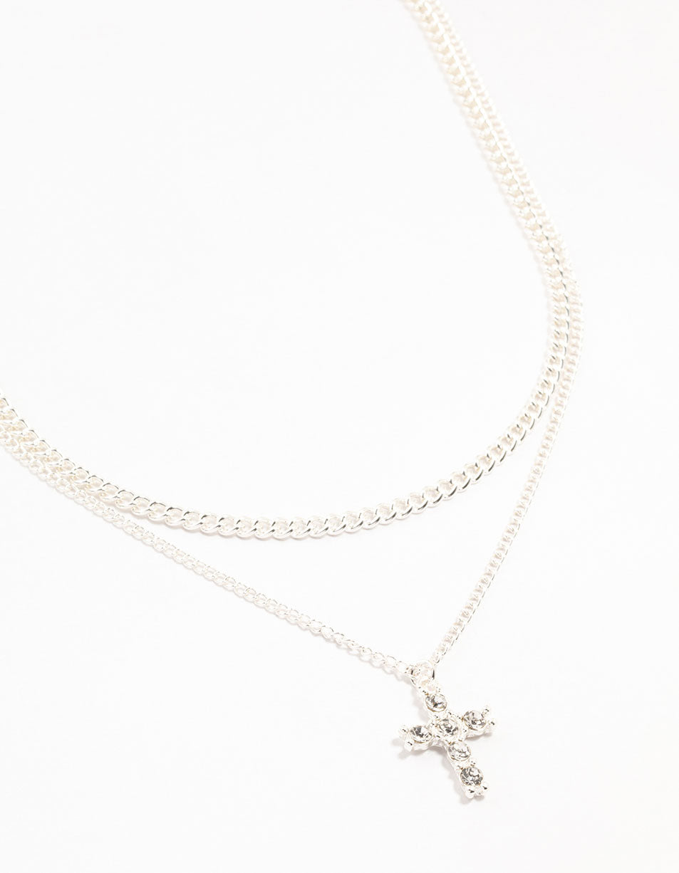 Silver Plated Diamante Cross Layered Curbchain Necklace