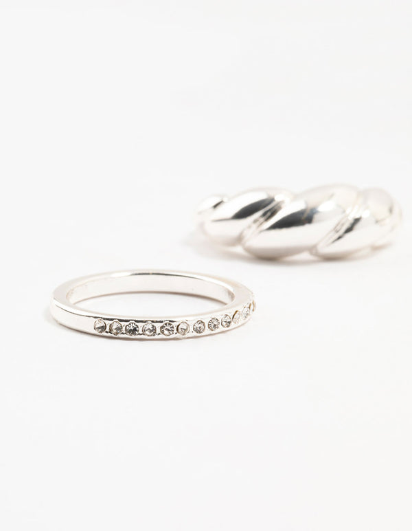 Silver Plated Diamante Twisted Ring Pack