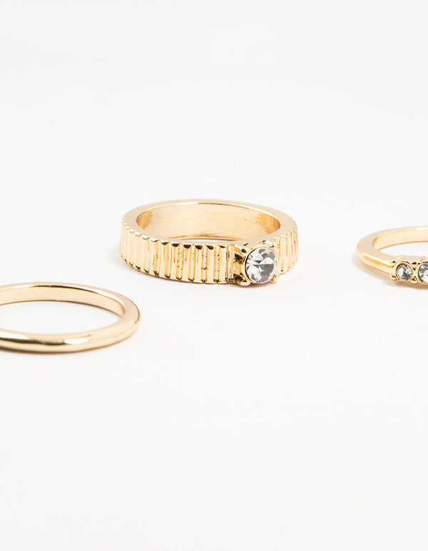 Gold Plated Ribbed  & Diamante Rings 4-Pack