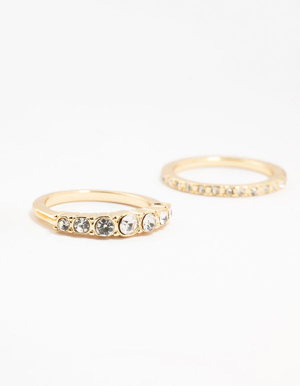 Gold Plated Ribbed  & Diamante Rings 4-Pack