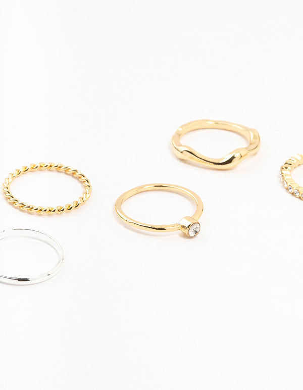 Mixed Metals Molten & Diamante Rings 6-Pack