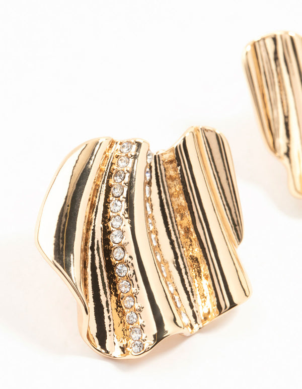 Gold Diamante Crinkle Fan Stud Earrings