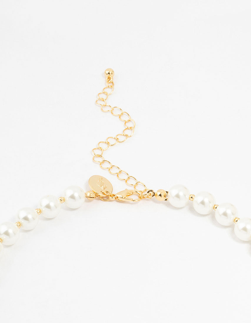Gold Plated Alternating Medium Pearl & Ball Necklace