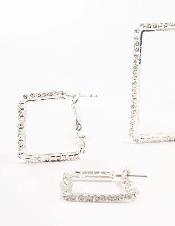 Silver Diamante Square Hoop Earrings 3-Pack
