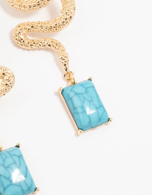 Gold & Blue Snake Stone Drop Earrings