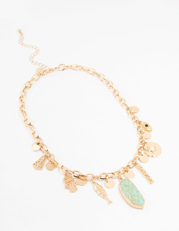 Gold & Aqua Mixed Charm Necklace