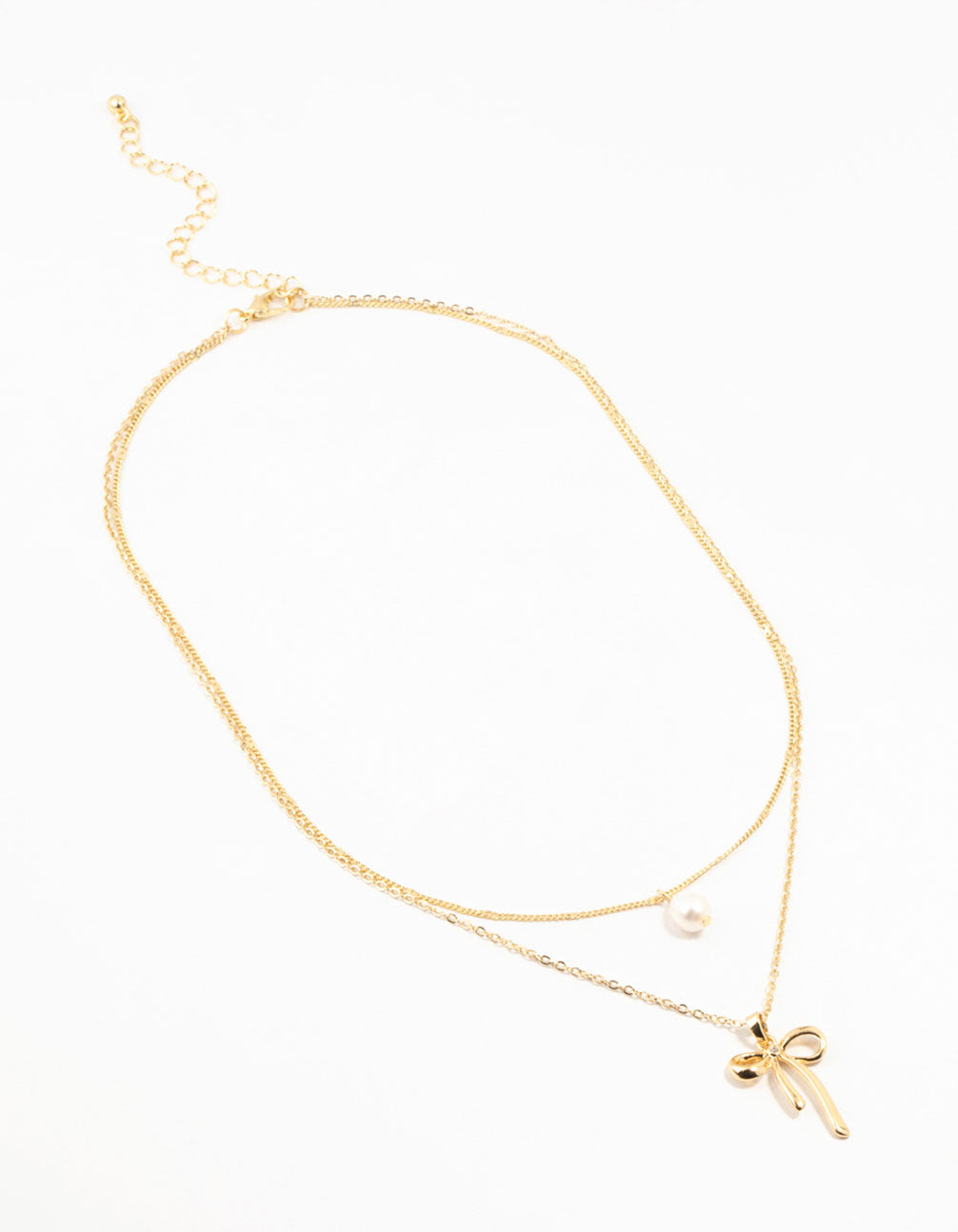 Gold Plated Brass Bow & Pearl Layered Necklace