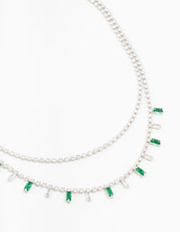 Silver Baguette Green & Silver Cubic Zirconia Stones Layered Necklace - link has visual effect only