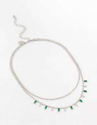 Silver Baguette Green & Silver Cubic Zirconia Stones Layered Necklace - link has visual effect only