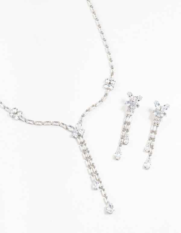 Silver Cubic Zirconia Butterfly Drop Earrings & Necklace Set