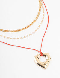 Gold & Red Cord Heart Multirow Necklace - link has visual effect only