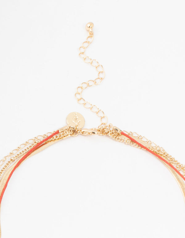 Gold & Red Cord Heart Multirow Necklace