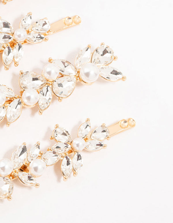 Gold Leafy Diamante Crystal & Freshwater Pearl Hair Clips 4-Pack