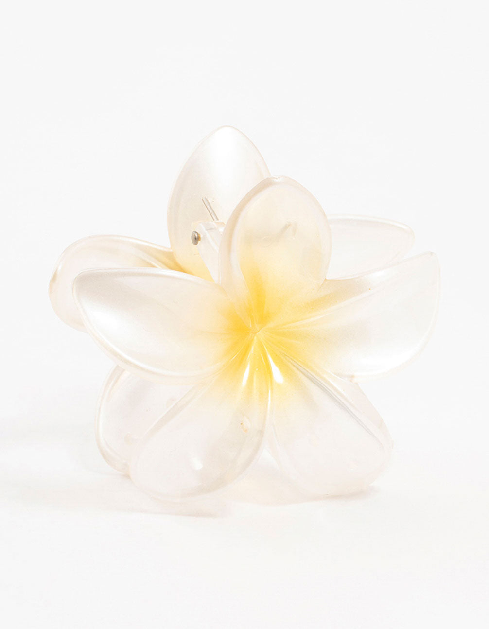 Showcasing an ombre plastic frangipani claw clip featuring floral design in white ivory yellow front view