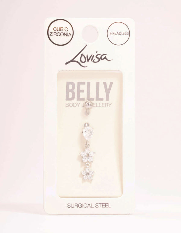 Surgical Steel Cubic Zirconia Pear Flower Drop Belly Bar