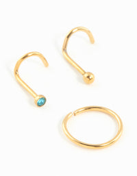 Gold Plated Surgical Steel Teal Diamante Nose Stud & Ring 3-Pack - link has visual effect only