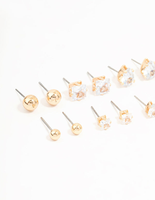 Gold Mixed Shaped Diamante Stud Earrings 8-Pack