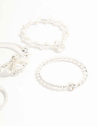Silver Twisted, Sleek & Diamante Flower Style Rings 6-Pack - link has visual effect only