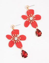Red Coated Metal Flower Pear Diamante Drop Earrings - link has visual effect only