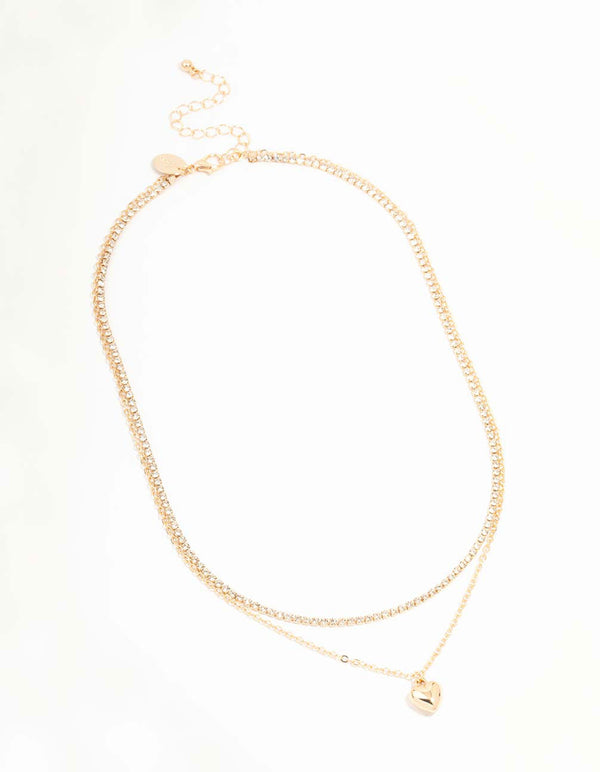 Gold Diamante & Puffy Heart Layered Necklace