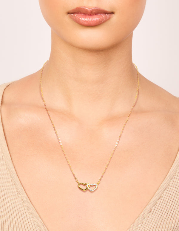 Gold Plated Sterling Silver Double Heart Cubic Zirconia Necklace