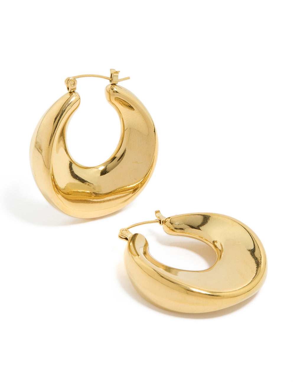 Featuring waterproof gold plated stainless steel large hoop earrings front view