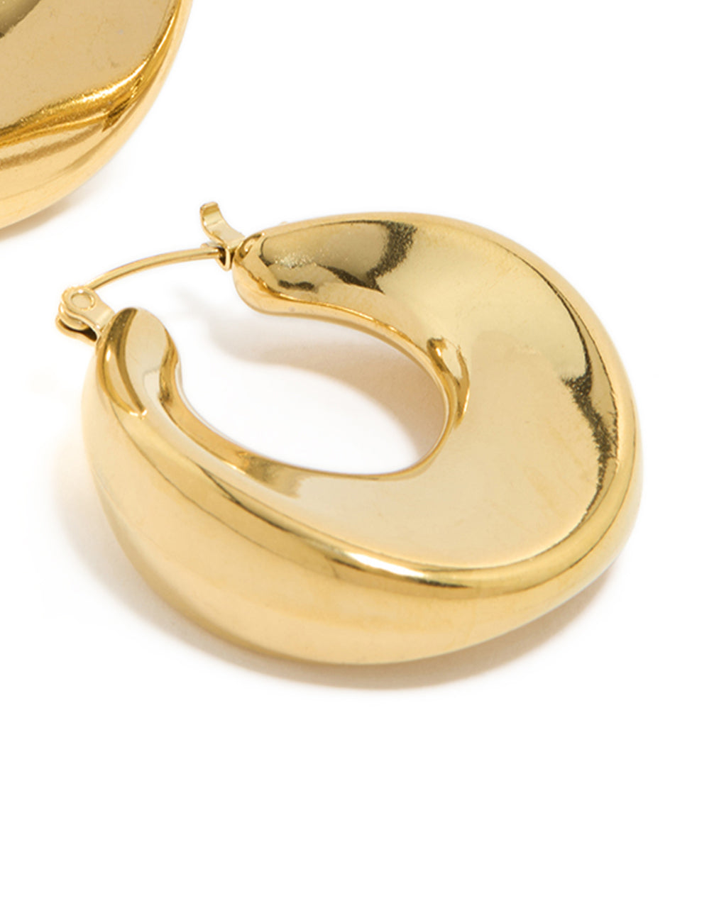 Crafted from waterproof gold plated stainless steel large hoop earrings post detail view