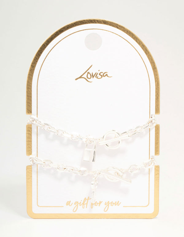 Silver Chunky Lock & Key Bracelets 2-Pack