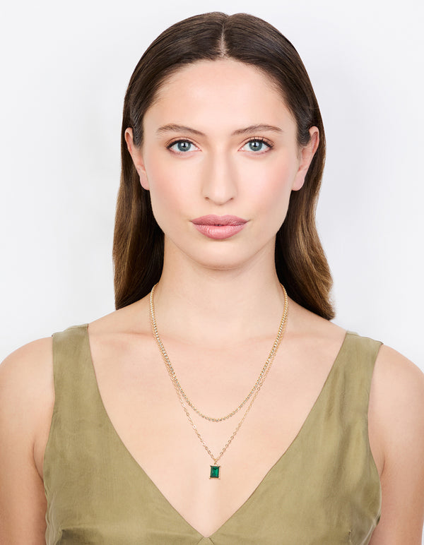 Gold Diamante & Baguette Cut Green Diamante Layered Necklace
