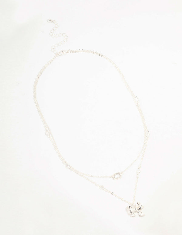 Silver Plated Bow Pendant Station Layered Necklace