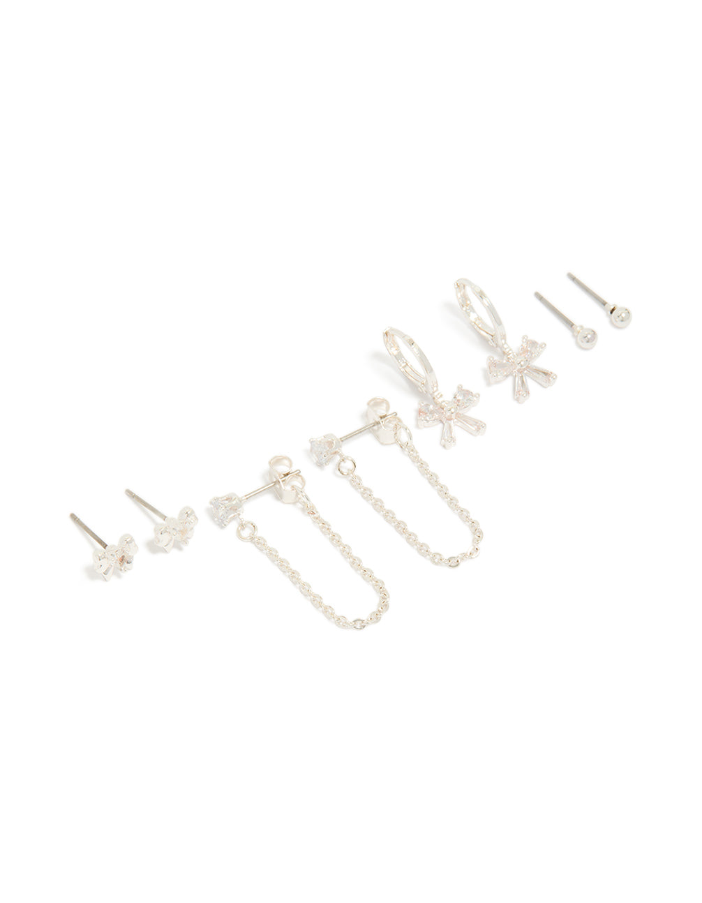 Silver Plated Bow Cubic Zirconia  Chain & Stud Earrings 4-Pack